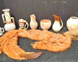 Native American Themed Decor Lot  Pottery, Furs, Mugs  Teepee Artwork