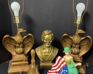 Patriotic Collection Of Lamps, Bell, Lincoln Bust And Betsy Ross Figurine 