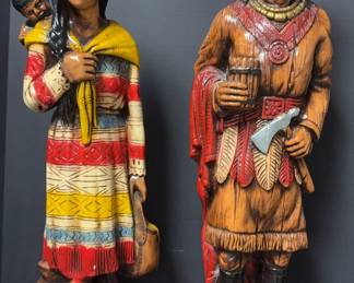 Pair of Hand Painted Carved Native American Figures  39  42 Tall