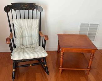 Nichols and Stone Co. black Hitchcock Rocking chair and Honey Wood side table 