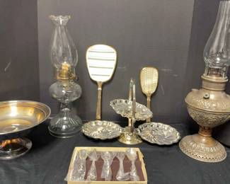 Vintage Decor Lot Oil Lamps, Vanity Brush, SilverPlated Tray  More