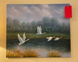 Acrylic on canvas flying geese by James signed 24” x 20” $50 + tax