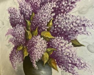 Marie Vargo purple hydrangeas oil on canvas 21” x 25” $125 + tax