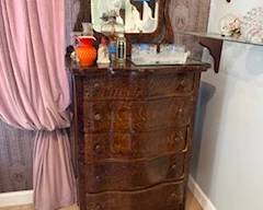 Tiger oak tall boy dresser with mirror