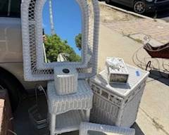Wicker mirrors, hamper, tables, Kleenex holders, towel holders