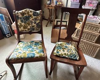 Antique rocking chairs, one with cushion.