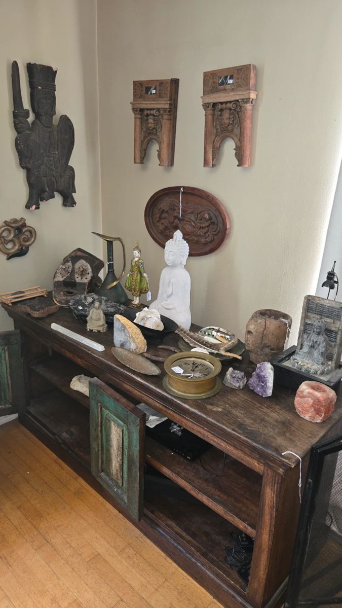 Reclaimed wood credenza & unique collectibles 