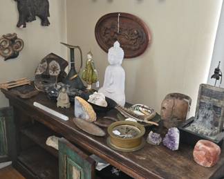Reclaimed wood credenza & unique collectibles