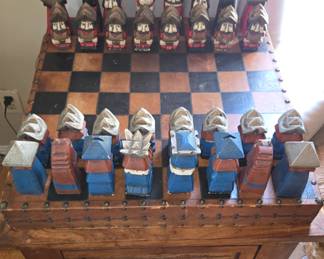 Very unique wood pieces and leather wrapped chess set