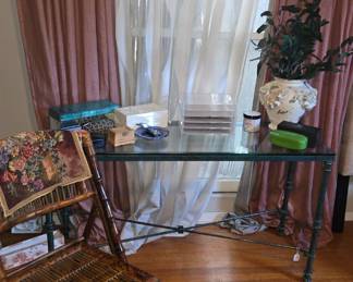 Glass top iron credenza.