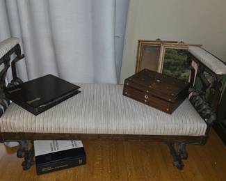 Upcycled antique iron upholstered bench 