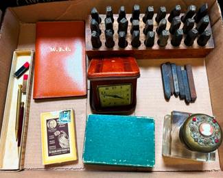 Vintage Steel Letter Press, Ink Well and Writting Pens