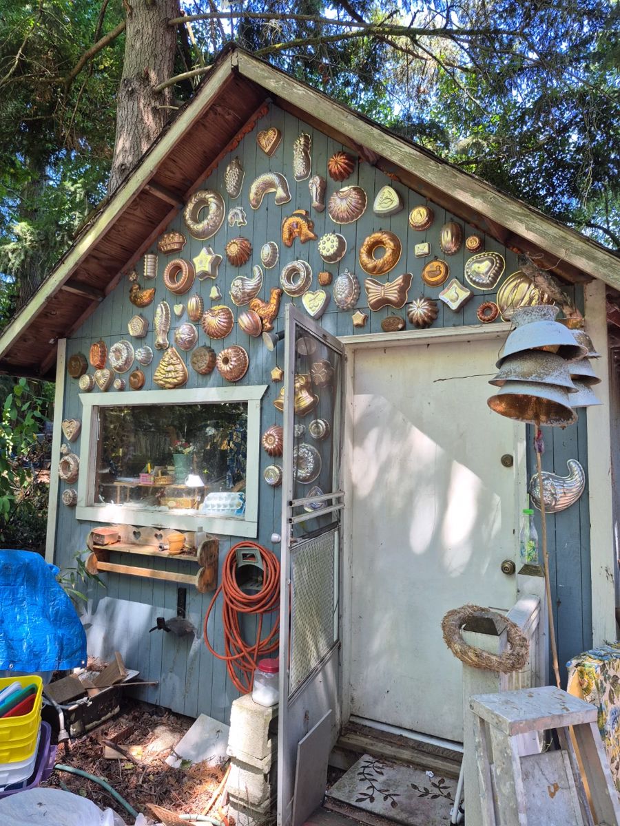 vintage jello molds cover the craft shack filled with art supplies!