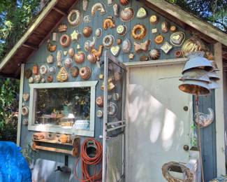 vintage jello molds cover the craft shack filled with art supplies!