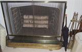 Classic ornate brass fireplace tools, screen and AWESOME skirt with claw feet