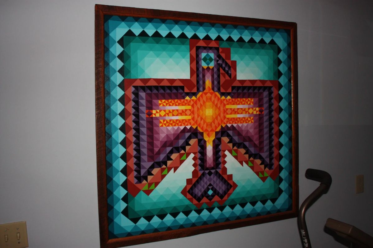 Large indigenous Aztec 'Thunderbird' oil on canvas