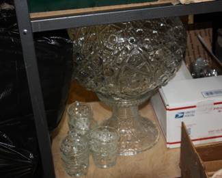 Cut glass punch bowl w/8 matching cups & glass ladle 