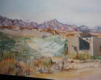 Unframed oil on canvas of Aztec village