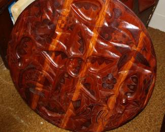 Ornate hand carved  round 'poker' table top w/'checker/chess' on reverse