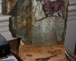 Slate picture of deer in wooden stand