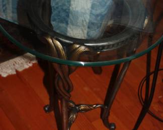 1 of 2 matching leaf motif glass top tables   27"T, 21" wide & 45"T, 21" wide
