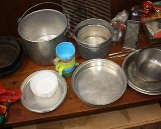 Mid century aluminum camping dishes; pots/lids/plates w/ plastic cups & bowls