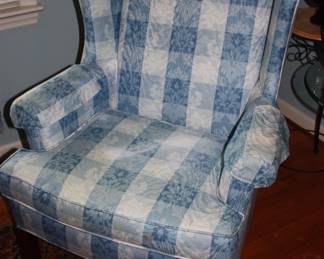 1 of 2 blue plaid wing back chairs ( no rips/tears)