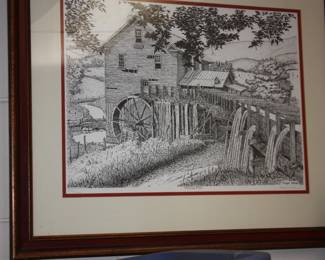 Framed/matted pin & ink lithograph 'Whites Mill' Doyle Yaden  289/500