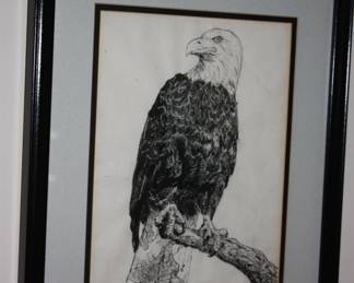 Mat/framed pin & ink eagle on branch  Chris Grice 1992