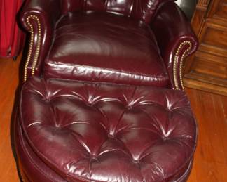 Brown leather tufted chair w/matching foot stool  (no stains/rips/tears)