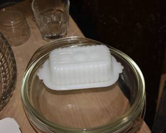 Vintage mini milk glass butter dish