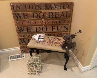 Needlepoint Bench w/ Iron Legs, Vintage Harp Magazine Rack, Wall Art