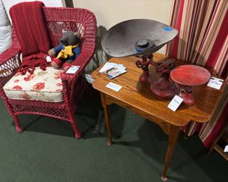 Wood Side Table, Wicker Chair