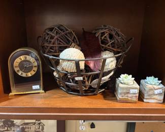 Mantle Clock, Decorative Bowl and Spheres