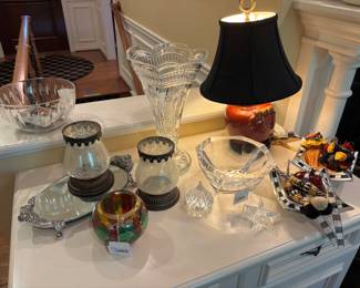 Mackenzie Childs Candle Holder, Orrefors Odyssey Bowl, Mirrored Footed Tray