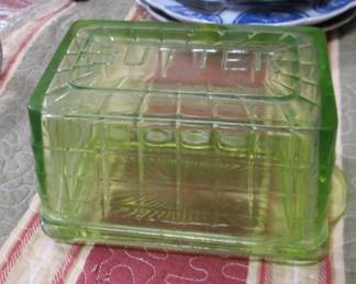 Anchor Hocking Block Optic Green Uranium Depression Glass Butter Dish