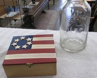 Wooden Keepsake Box w/ Betsy Ross American Flag on Lid - Horlick's Malted Milk Glass Jar w/Lid