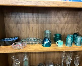 Ceramic Bowl/Planter - Mikasa Poinsettia Bowl - Mikasa Green Swirl Plate - Green Satin Lamp Shade - Paul Revere Miniature Mug - Green Mason Jar - Green & Blue Glass Insulators