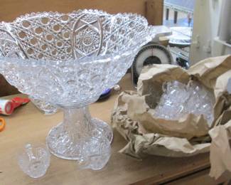Circa 1894 McKee Glass Co Punch Bowl w/Stand & Cups Pressed Cut in Rotec Pattern