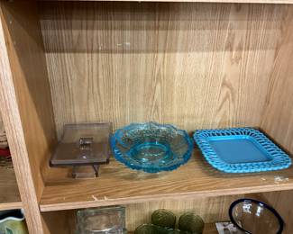 Fenton Hobnail Aquamarine Blue Candle Bowl - Blue Milk Glass Square Plate