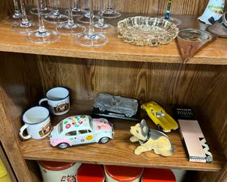 Metal Cups - Die Cast Flower Power VW Bug - Flocked Bobble Head Dog - Crystal Covette Car - Yellow Toy Corvette - Wiss Pinking Shears