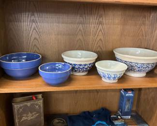 Blue Stoneware Mixing Bowls - Blue & White Pottery Stoneware Spongeware Mixing Bowls