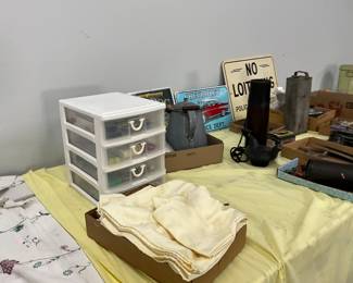 Metal Signs - Linens - Enamel Coffee Pot - 4 Drawer Plastic Storage