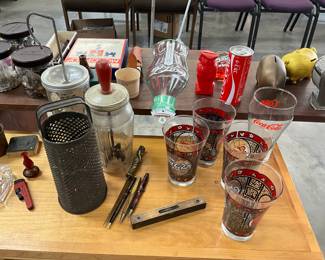 Metal Cheese Grater - Manual Butter Churn- Letter Opener - Pens - Small Metal Level - Coca-Cola Tiffany Style Stained Glass Design Glasses