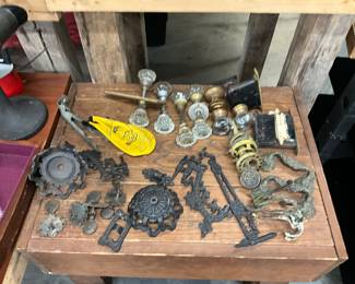 Assorted Cast Iron Items & Door Hardware - Marble Bag - Oil Can Spout