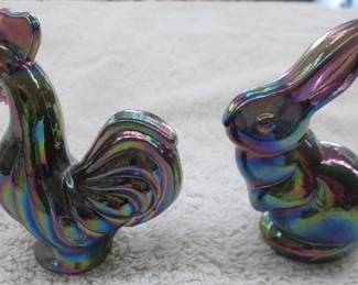 Fenton Glass Iridescent Rooster & Bunny Figurines