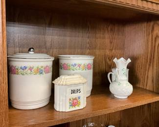 Harker Pottery Canisters & Grease Jar w/Lid - Irish Belleek Clover Handled Vase