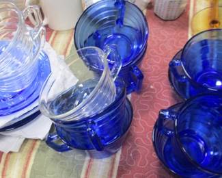Hazel Atlas Clear & Cobalt Blue Depression Glass Cups & Saucers and Cream & Sugar