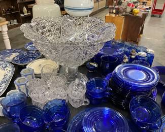 Circa 1894 McKee Glass Co Punch Bowl w/Stand & Cups Pressed Cut in Rotec Pattern