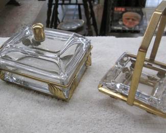 Apollo Studios Gilded Brass & Glass Vanity Jewelry Box - Duncan & Miller Paul Mall Clear Ashtray w/Metal Carrier